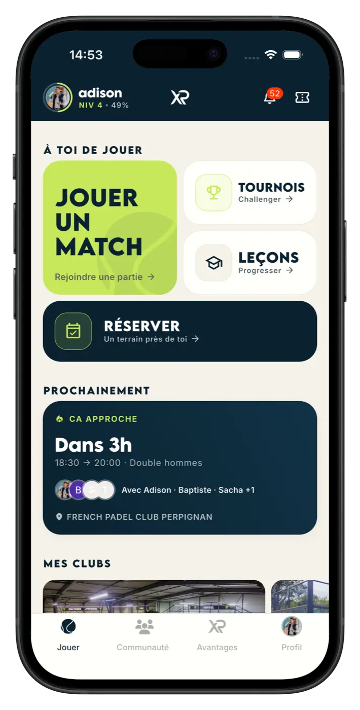 Écran d'accueil de l'application XPadel